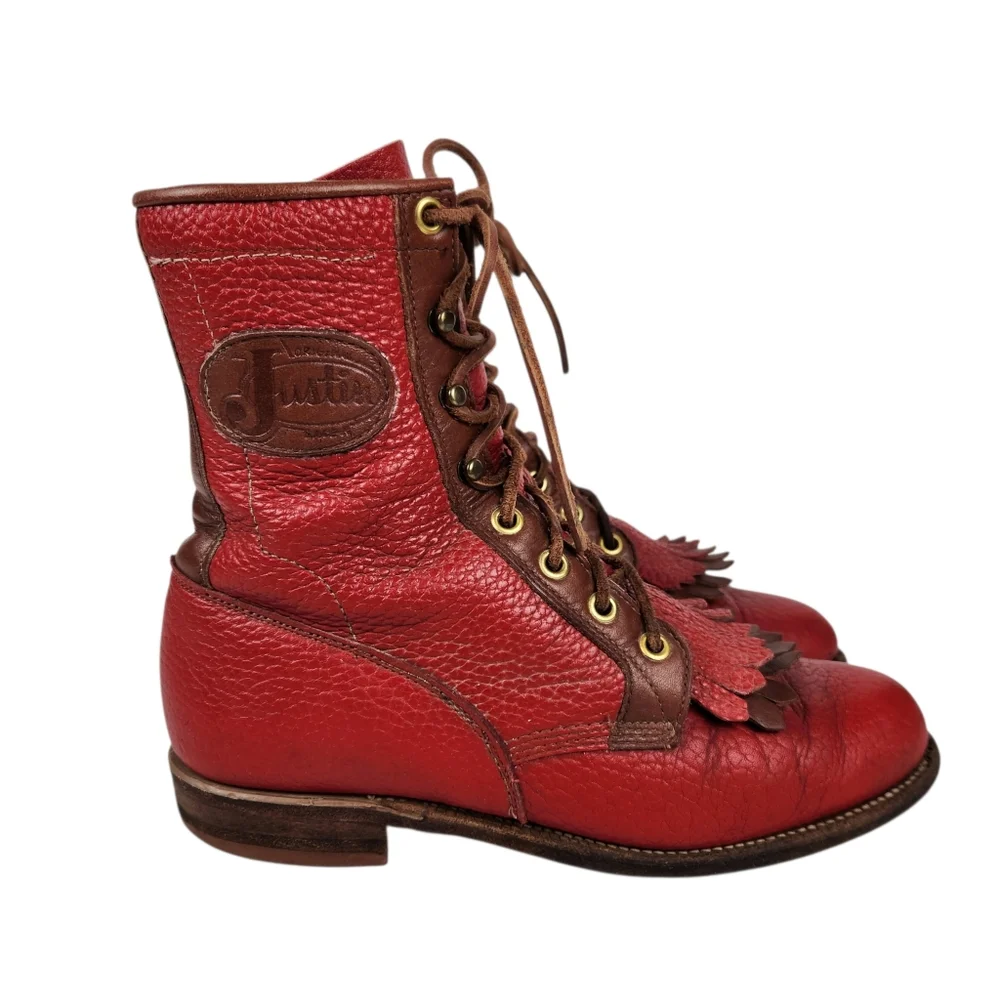 Justin Vintage Red Leather Brown Trim Lace Up Roper Western Boots Womens Size 6 - Picture 3 of 12